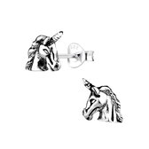 Joy|S - Zilveren eenhoorn oorbellen - geoxideerd - unicorn oorknoppen - 8 x 9 mm