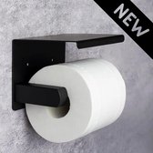 WC Rolhouder Toiletrolhouder Zwart met Plankje 14x10-CM – Toiletrolhouder Zonder Boren – WC Papier houder – Closetrolhouder - Planchet Badkamer Zwart - RVS