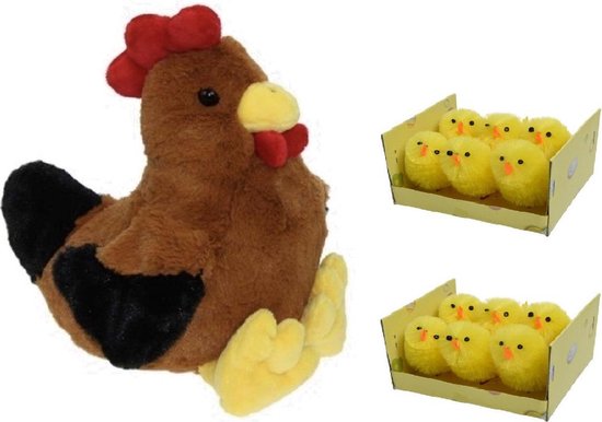 Peluche poules / coqs marron doudou de 25 cm avec 12 x morceaux de mini  poussins 4 cm... | bol