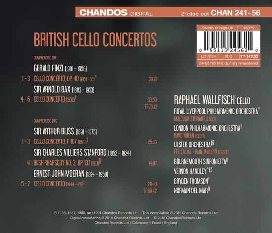 Chandos Digital: British Cello Concertos, 2-disc set CHAN 241-56. Achterkant met tracklijst en details.