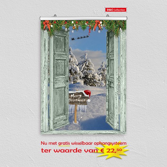 D&C Collection - poster - kerst poster - 60x80 cm - doorkijk - open groene deuren Merry Christmas sneeuwlandschap met Kerstmanslee- winter poster - kerst decoratie- kerstinterieur - kerst wanddecoratie