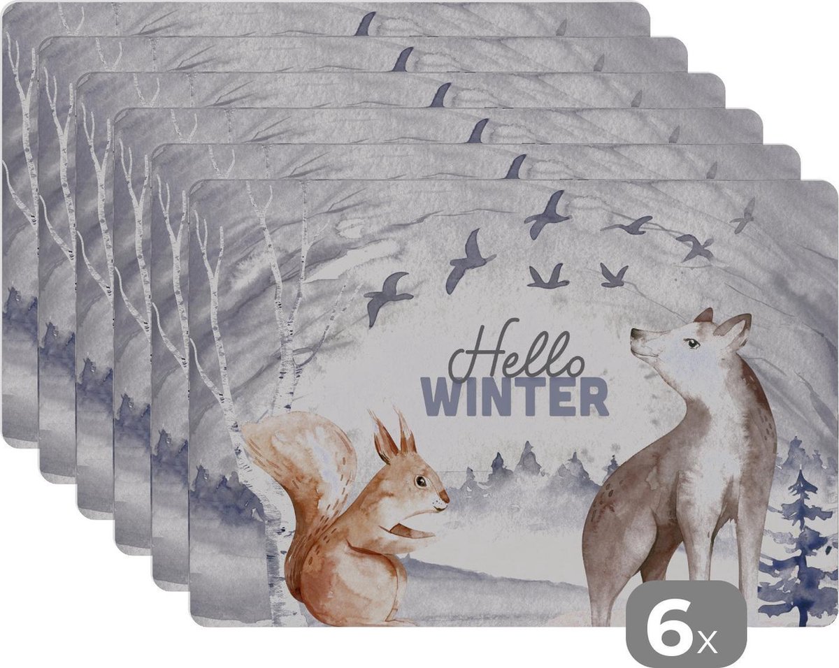 Placemat - Placemats kunststof - 45x30 cm - Sneeuw - Winter - Dieren - 6 stuks - Borden onderleggers antislip - Tafel decoratie - Luxe tafelversiering - Tafelmat vinyl - Bord onderlegger - Tafeldecoratie accessoires