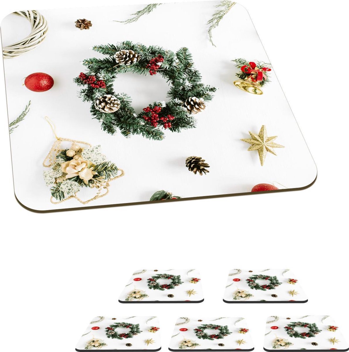 Onderzetters voor glazen - Winter - Kerst - Krans - 10x10 cm - Glasonderzetters - 6 stuks