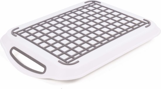 Wit dienblad met een raster van grijze anti-slip noppen en donkergrijze handvatten.