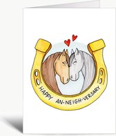 Happy An-neigh-versary! - Wenskaart met envelop - Huwelijk - Jubileum - Liefde - Valentijn - Valentijnskaart - Paarden - Engels - Grappig