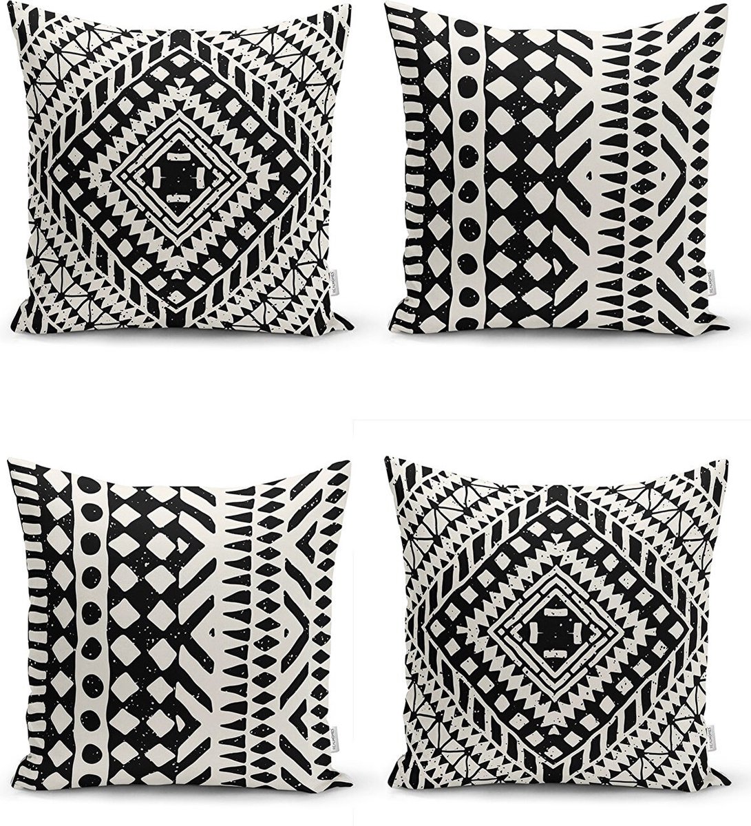 Zethome Kussenhoes Vierkantjes - 4 Stuks - Dubbelzijdig Bedrukt – Soft Touch – 43 x 43 Zwart en Licht Geel - Scandinavisch Patroon Grijis