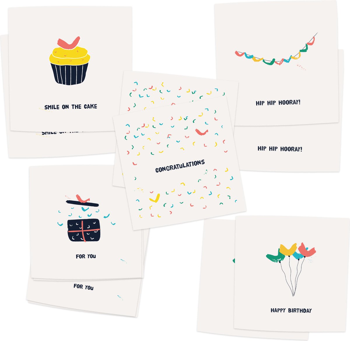 VERJAARDAGSKAARTEN - Set 10 luxe verjaardagskaarten - inclusief envelop - wenskaarten - ansichtkaarten - slingers - taart - hoera -felicitatie - 5 verschillende designs