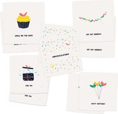 VERJAARDAG - Set 10 luxe verjaardagskaarten - inclusief envelop - wenskaarten - ansichtkaarten - slingers - taart - hoera -felicitatie - 5 verschillende designs