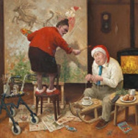 Schilder met rode trui schildert, man met kerstmuts op slee bij haardvuur. Kunst door Marius van Dokkum.