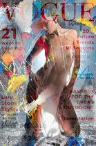 JJ-Art (Aluminium) 90x60 | Vrouw in regen, grunge popart stijl, abstract, woonkamer - slaapkamer | Magazine, advertentie schoen, bloot, naakt, blauw, bruin, geel, rood | Foto-Schil