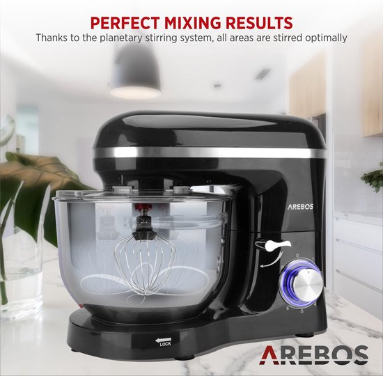 AREBOS Keukenmachine - 1500W - Keukenrobot - 6L - Keukenmixer - Foodprocessor - Roestvrij Stalen Mengkom - 6 Snelheden - Zwart van AREBOS — afbeelding 2