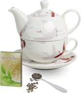 Tea for one cadeau voor vrouw, thee set bestaande uit kraanvogel theepotje, theepot kop en schotel 150 gram thee plus maatlepel.
