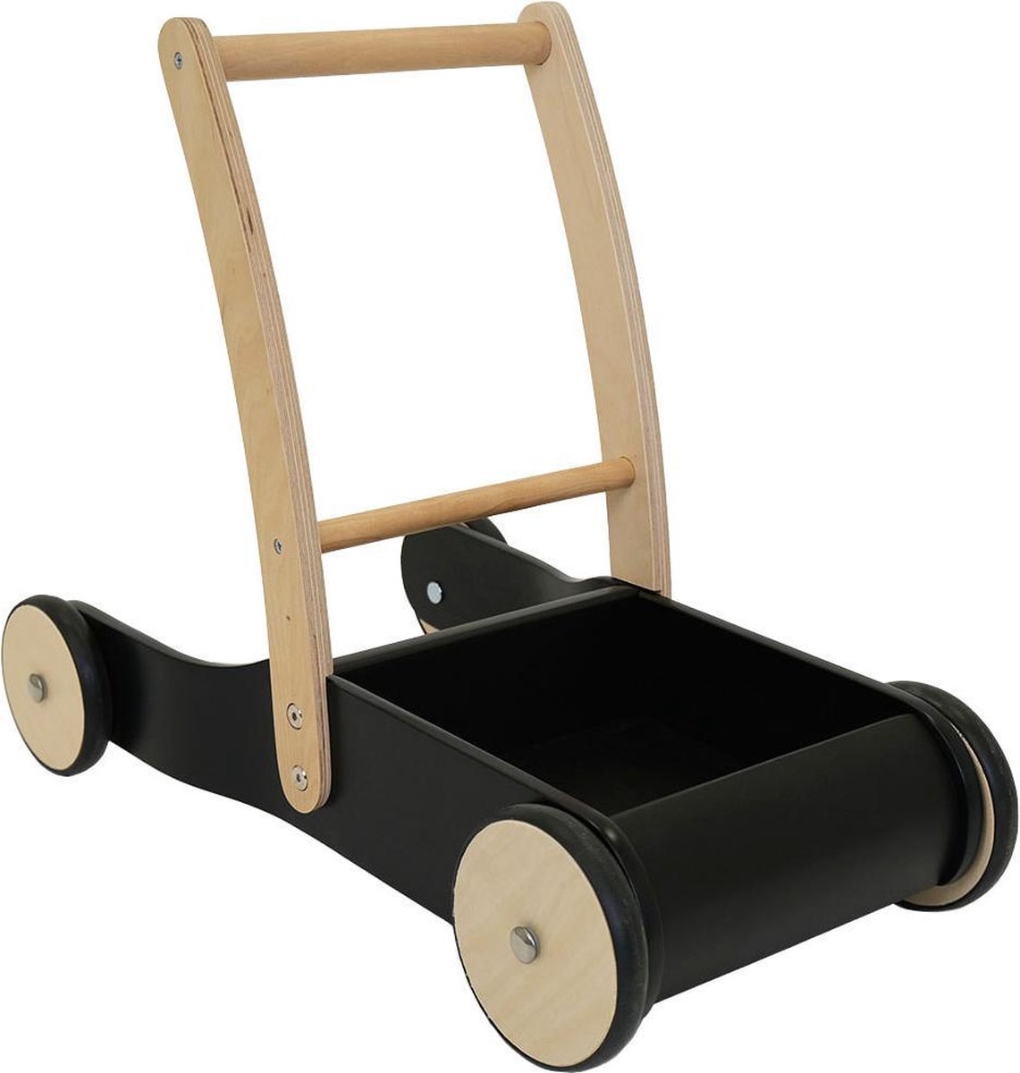 Bandits & Angels Houten Loopwagen Little Walker Zwart vanaf 1 Jaar voor Jongens en Meisjes - 47 cm Hoge Duwstang - voor Binnen - met Laadbak voor Spullen - Loop Wagen voor Kinderen Hout