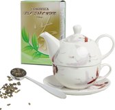 Cadeau voor vrouw set tea for one kraanvogel theepotje 400 ml met kop en schotel stalen maatlepel plus 250 gram groene thee van de hele blaadjes.