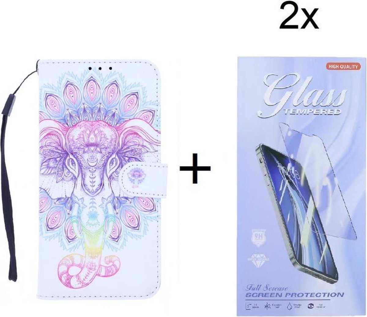 Bookcase Geschikt voor: Samsung Galaxy A22 4G hoesje met print - Elephant 3D met 2 stuks Glas Screen protector