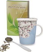 Cadeau set bestaande uit 50 gram thee theebeker met filter en deksel amandelbloesem ml plus stalen maatlepel.