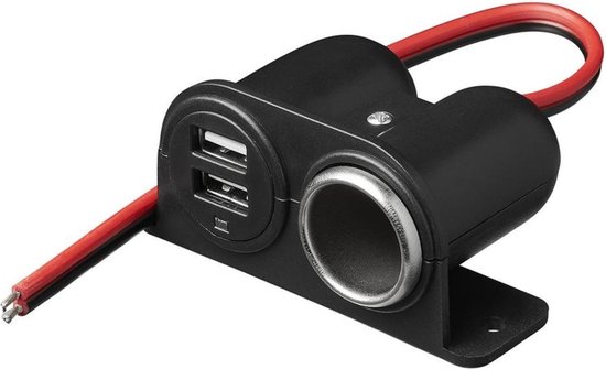 Zwarte opbouwdoos met 2 USB-poorten, 1 sigarettenaanstekeruitgang en rode/zwarte kabel.