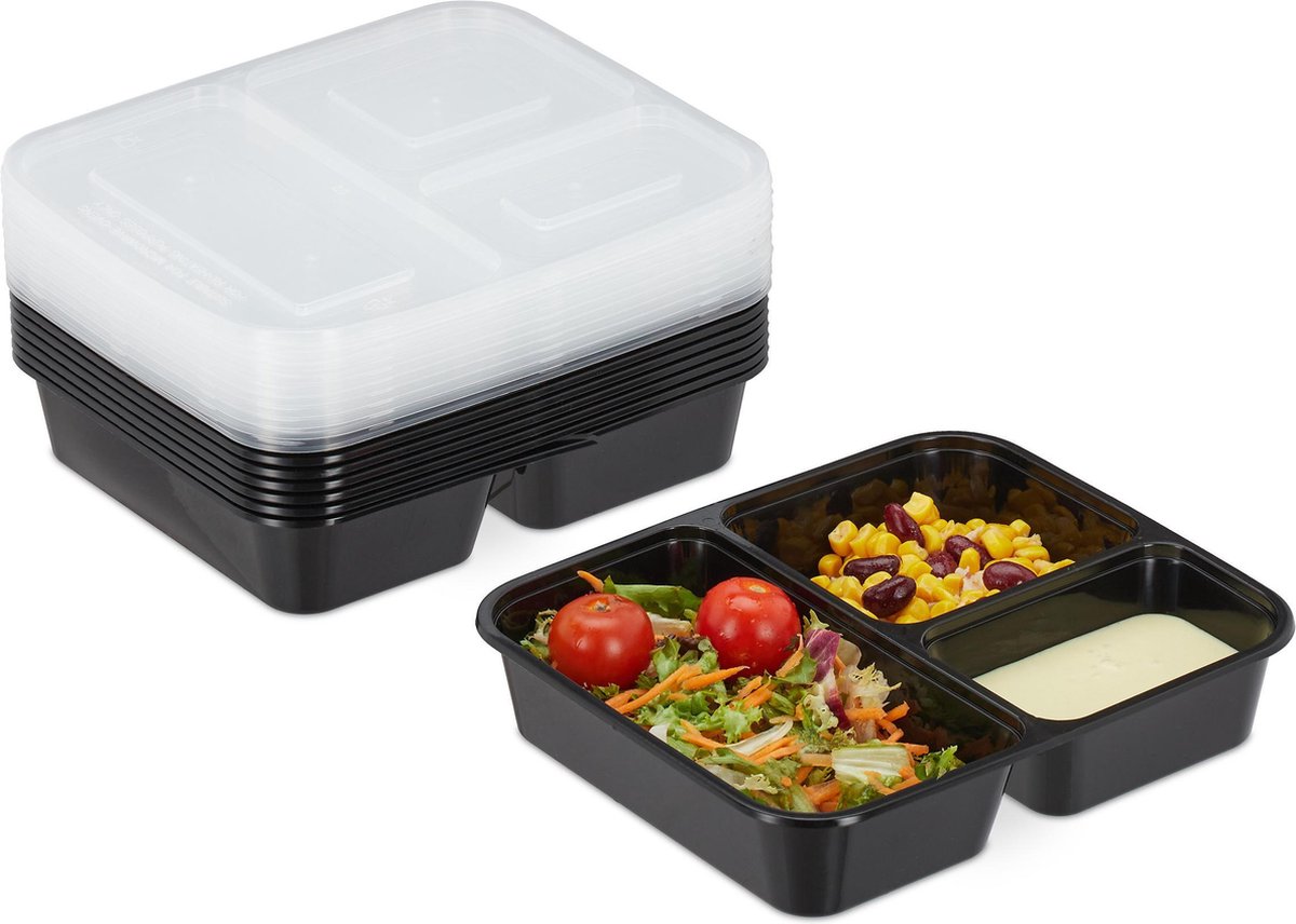 meal prep bakjes - set van 10 - 3 vakken - magnetron - 1000 ml - herbruikbaar