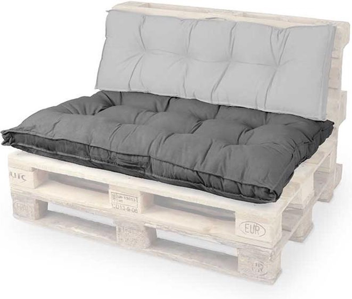 Unieke Living Palletkussen Belvi in donkergrijs voor buiten, afmetingen 80x120x8cm.
