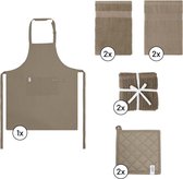 EM Kitchen Keukentextiel Set – Taupe - 9-delig – 2 Theedoeken + 2 Keukendoeken + 2 Vaatdoeken + 2 Pannenlappen + 1 Keukenschort