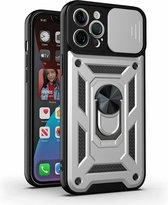 Hoesje Geschikt voor iPhone 13 Pro Hoesje met Camera Bescherming Zilver – met ring houder Rugged Armor Back Cover - Case - Camera Schuif