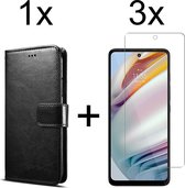 Motorola E7i Power hoesje bookcase zwart wallet case portemonnee hoes cover hoesjes - 3x Motorola E7i Power screenprotector