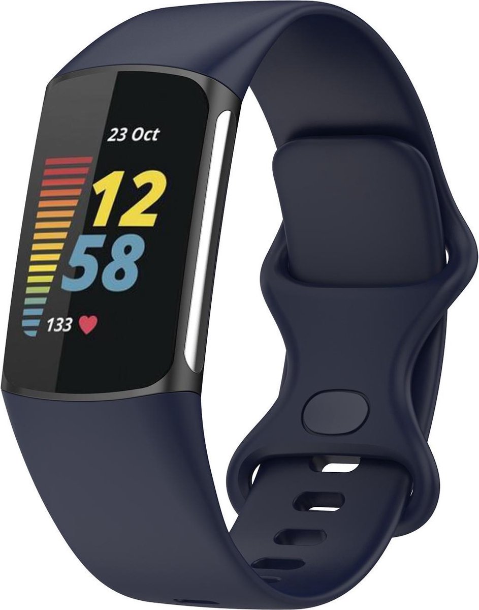 Luxe Siliconen Armband Bandje Geschikt Voor Fitbit Charge 5 Activity Tracker - Sportband Armband Polsband Strap - Horloge Band - Watchband - Wristband - Vervang Horlogeband - Large  - Donker Blauw
