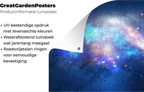 Tuinposter 90x60 cm - Tuindecoratie Heelal - Blauw - Sterren - Poster voor in de tuin - Buiten decoratie - Schutting tuinschilderij - Tuindoek muurdecoratie - Wanddecoratie balkondoek