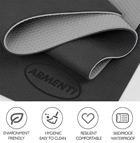 ARMENTI - Premium Yoga mat - Anti slip (extra dik) - Eco friendly Zero waste Duurzaam - TPE - Fitness - Zwart  - Opbergkoord - Kerstcadeau — afbeelding 4