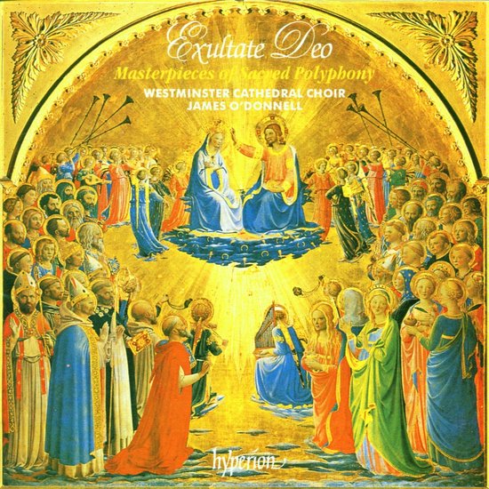 De hemelpoort opent zich voor een groep zingende gelovigen, met in het midden de Madonna en Christus met een harp erbij.