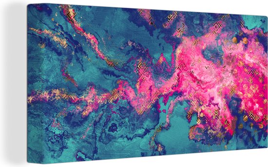 Canvas Schilderij Marmer - Verf - Roze - Blauw - 80x40 cm - Wanddecoratie