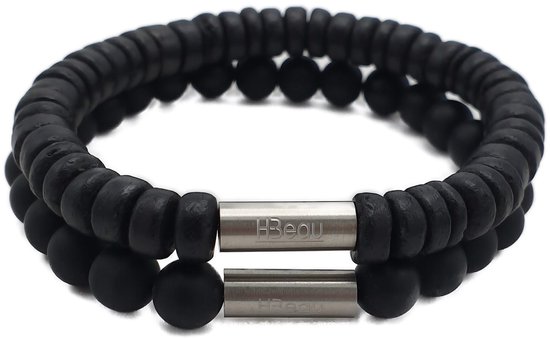 H-Beau - Duo - Cadeau - Set van 2 Handgemaakte Armbanden - Breedte: - Lengte: - Zwart - Armband - Natuurstenen - Natuurkralen - Kokos - Hout - Kralen - RVS Kraal - Mat - Geschenk