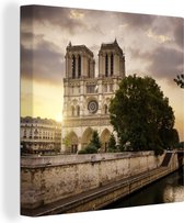 Canvas Schilderij Zonsopgang bij de Notre Dame in Parijs - 20x20 cm - Wanddecoratie