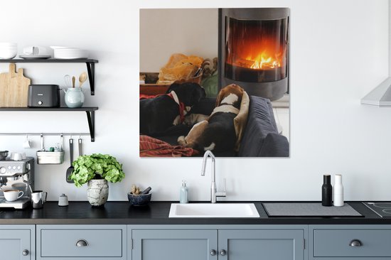 Tableau sur toile Chiens regardant une cheminée - 90x90 cm - Décoration murale