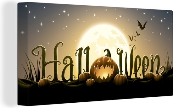 Canvas Schilderij De letters van Halloween verlicht door de volle maan in een illustratie - 40x20 cm - Wanddecoratie
