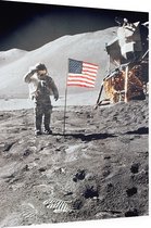 Astronaut gives salute beside U.S. flag (maanlanding) - Foto op Dibond - 30 x 40 cm