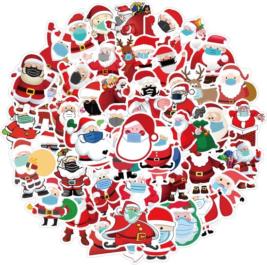 Winkrs | Kerstman Stickers met Mondkapje | 50 stuks | Corona, Kerst, feestdagen | - voor laptop, skateboard, muur, koffer etc. Waterproof - Kleurvast