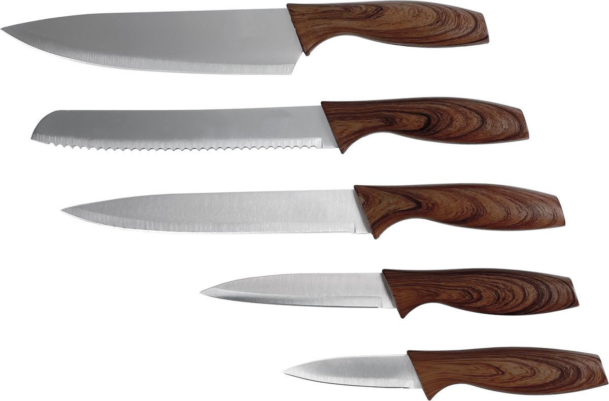 MDO luxe messenset - 5-delig - Santoku-mes - Broodmes - Vleesmes - Schilmes - RVS - antikleeflaag - Zilver