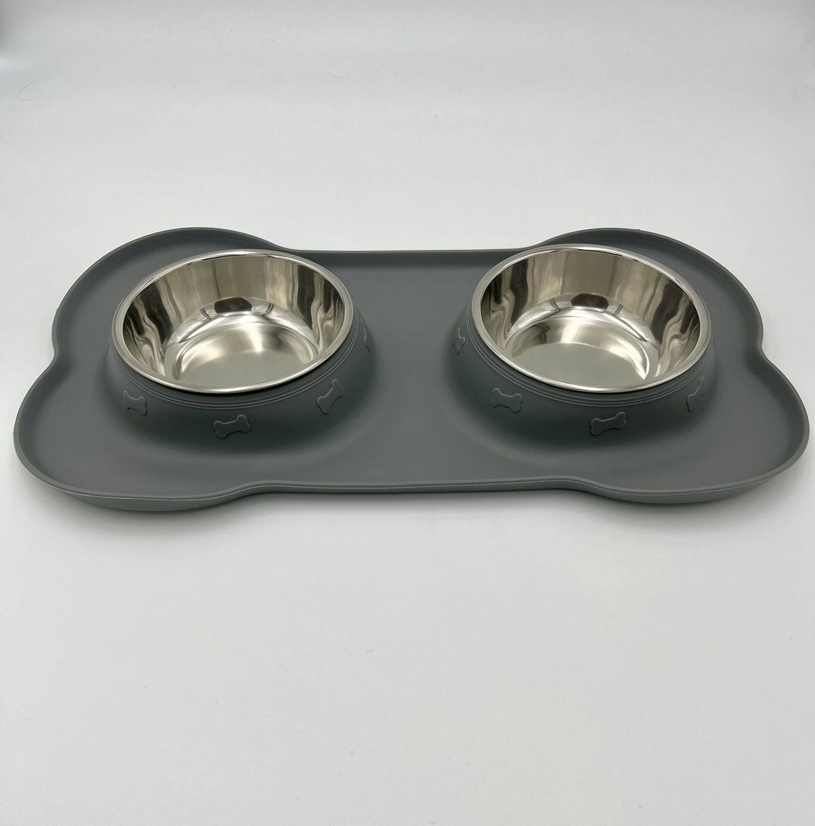 Maison Extravagante - Dubbele voerbak hond/kat RVS - Dinerset maat Large met drinkbak - Voederbak - Eetbak - Grijs