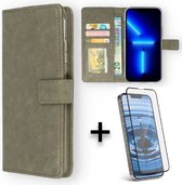 Apple iPhone 13 Pro Case Grijs & 1 Piece Full Glass Screen Protector - Wallet Book Case - Card Holder & Magnetic Tab