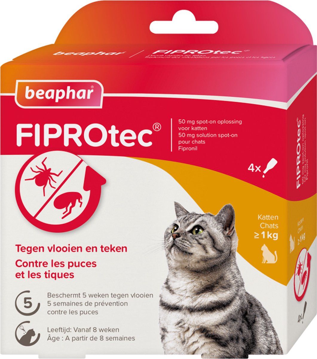 Beaphar Fiprotec – Vlooiendruppels – Katten Vanaf 1 Kg En 8 Weken – 3 Pipetten