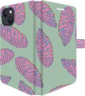 Apple iPhone 13 Mini Telefoonhoesje - Portemonneehoesje  - Met pasjeshouder - Met Plantenprint - Tropische Blaadjes - Lichtgroen