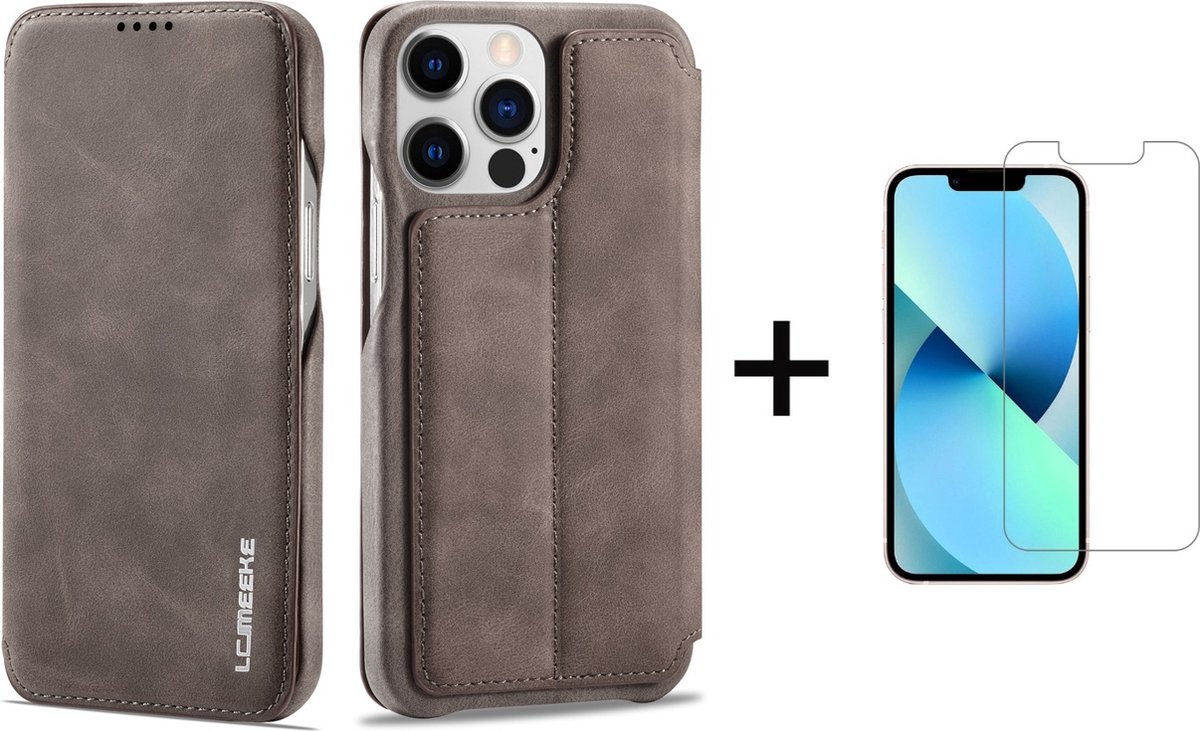 Luxe Telefoonhoesje voor Apple iPhone 13 Pro | Hoogwaardig Leren Bookcase | Luxe Uitstraling | Flip Case | Portemonnee | Grijs + 1x Screen Protector