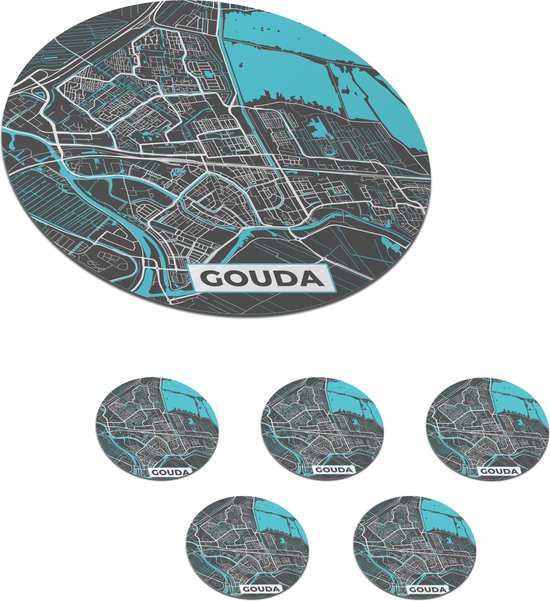 Onderzetters voor glazen – Rond – Plattegrond – Gouda – Grijs – Blauw – 10×10 cm – 6 stuks – Stadskaart