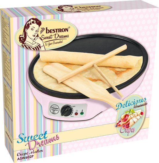 Bestron Pannenkoekenmaker - ASW602P - 1000W - Crêpemaker - 30cm - Roze - Incl houten stapel en verdeler - 5 jaar garantie — afbeelding 5