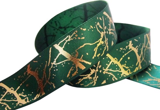 Foto: Kerst lint 22mm 2 2cm luxe satijnlint stijlvol kerstlint goudfolie marmer look patroon donker groen goud glans cadeaulint decoratielint bruiloft lint rol 10 meter