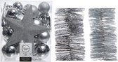 Kerstversiering kunststof kerstballen 5-6-8 cm met ster piek en folieslingers pakket zilver van 35x stuks - Kerstboomversiering
