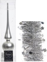 Kerstversiering glazen piek mat 26 cm en sterren folieslingers pakket zilver van 3x stuks - Kerstboomversiering