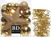 Kerstversiering kunststof kerstballen 5-6-8 cm met ster piek en golf slingers pakket goud van 35x stuks - Kerstboomversiering