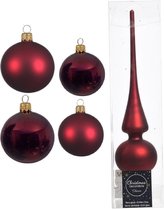 Compleet glazen kerstballen pakket donkerrood glans/mat 38x stuks - 18x 4 cm en 20x 6 cm - Inclusief piek frosted